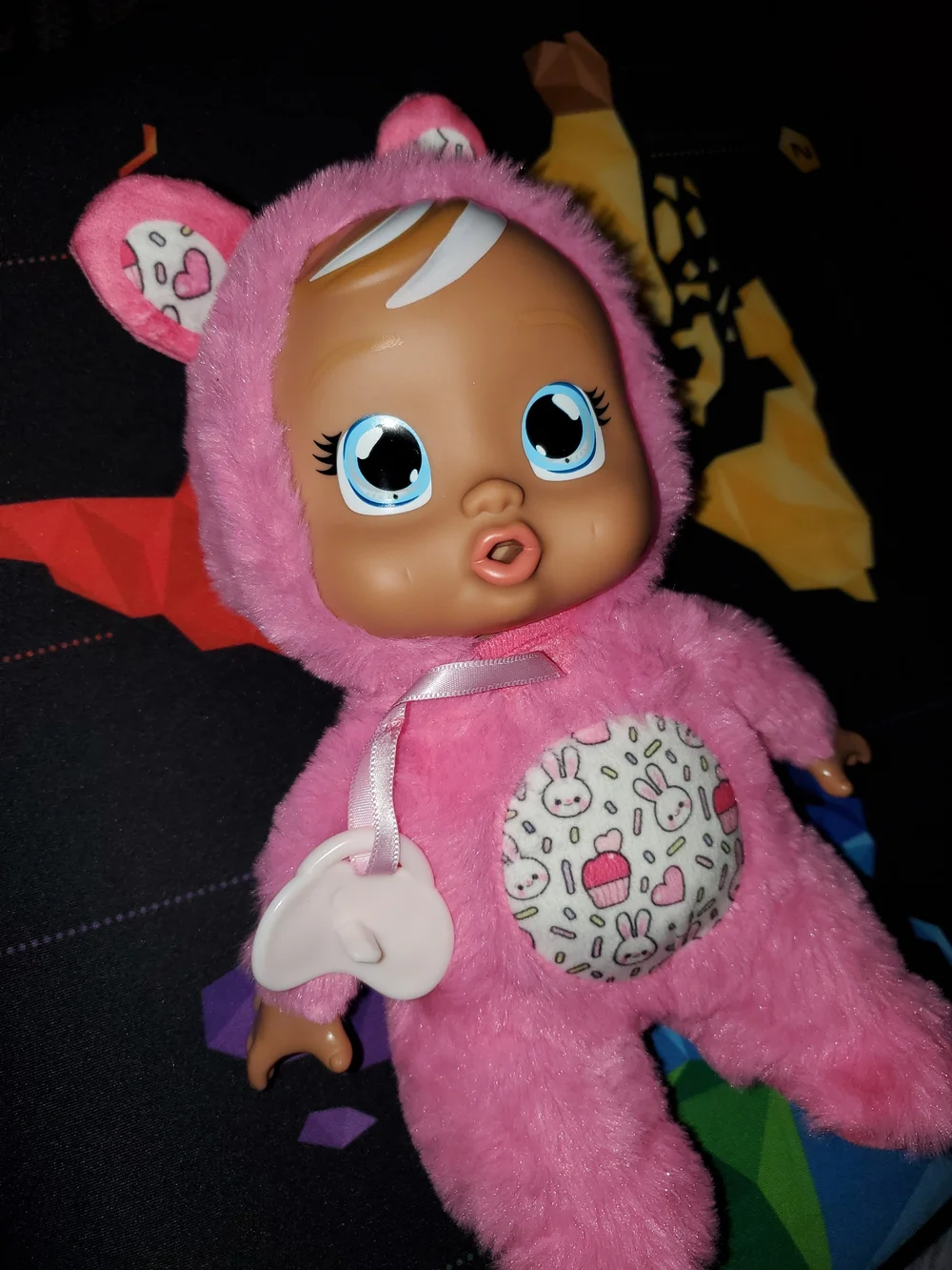 Pink Hooded Plush Baby Doll with Tears and A Pacifier